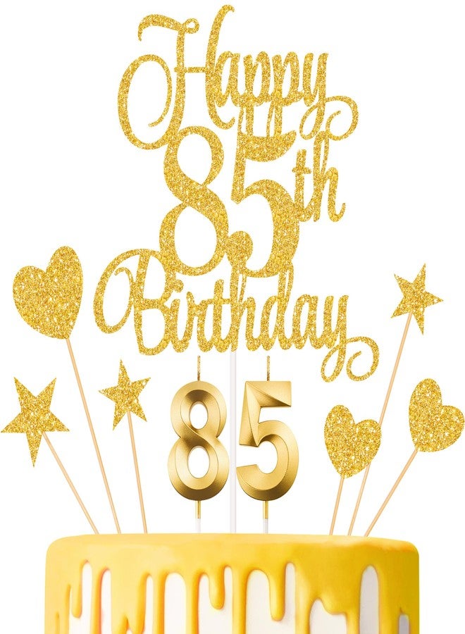 Lecferrarc 85th Birthday Cake Decorations, 85th Birthday Candles Cake Numeral Candles and Glitter Happy 85th Birthday Cake Toppers Set for Birthday Party Supplies (Gold) - Image 1